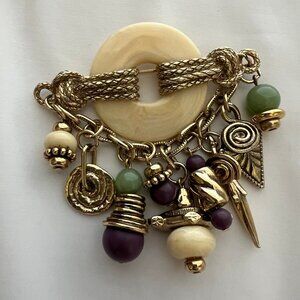 Vintage Etruscan Boho Style Stone Dangle Gold Tone Costume Estate Brooch Pin